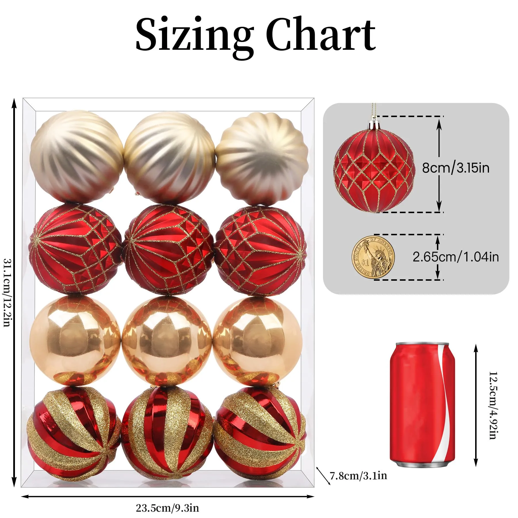 12ct 3.15 Inch Red & Gold Christmas Tree Balls Ornaments