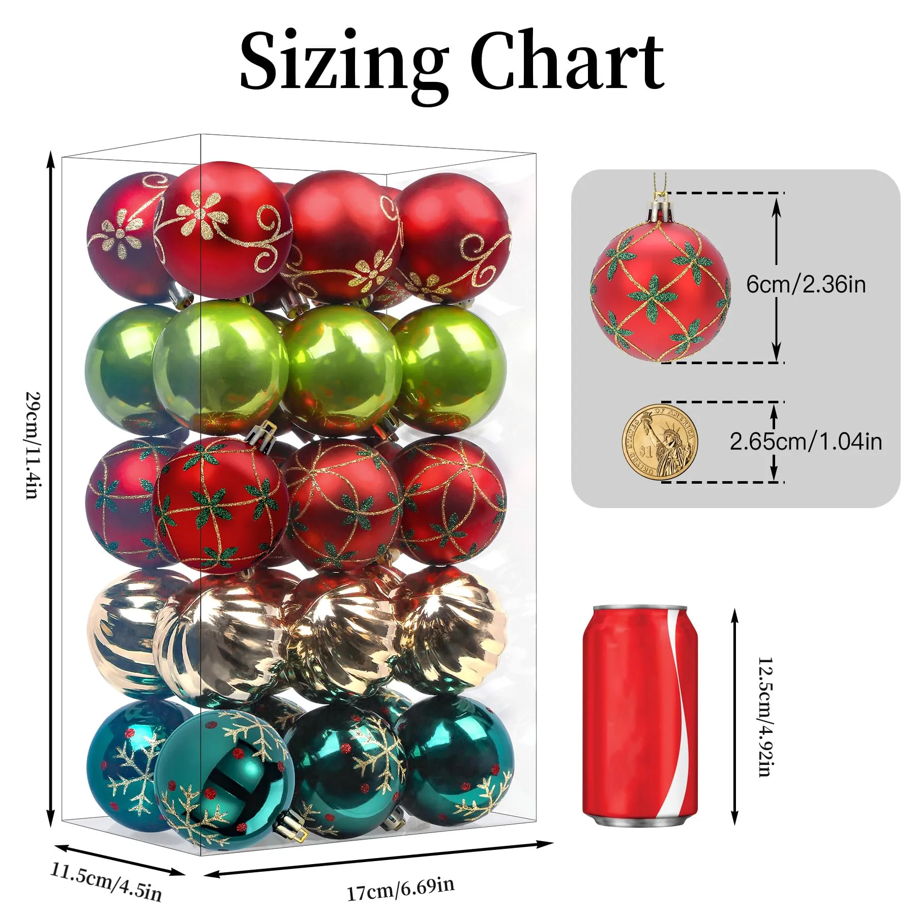 30ct 2.36 Inch Red & Green Gold Christmas Tree Balls Ornaments