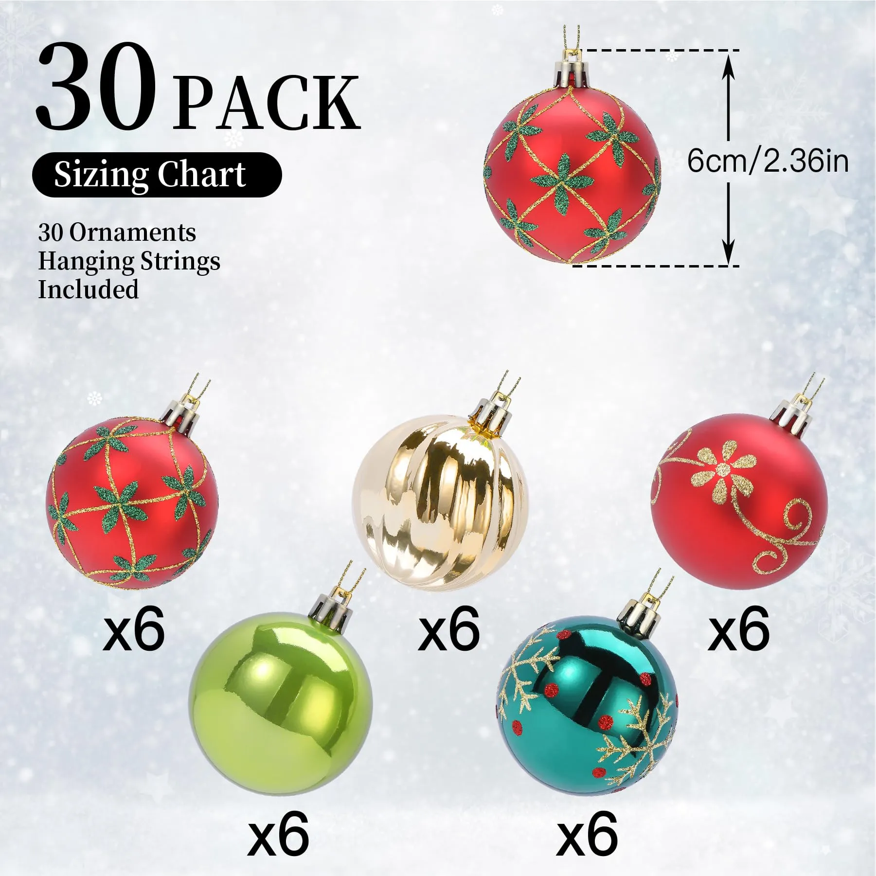 30ct 2.36 Inch Red & Green Gold Christmas Tree Balls Ornaments