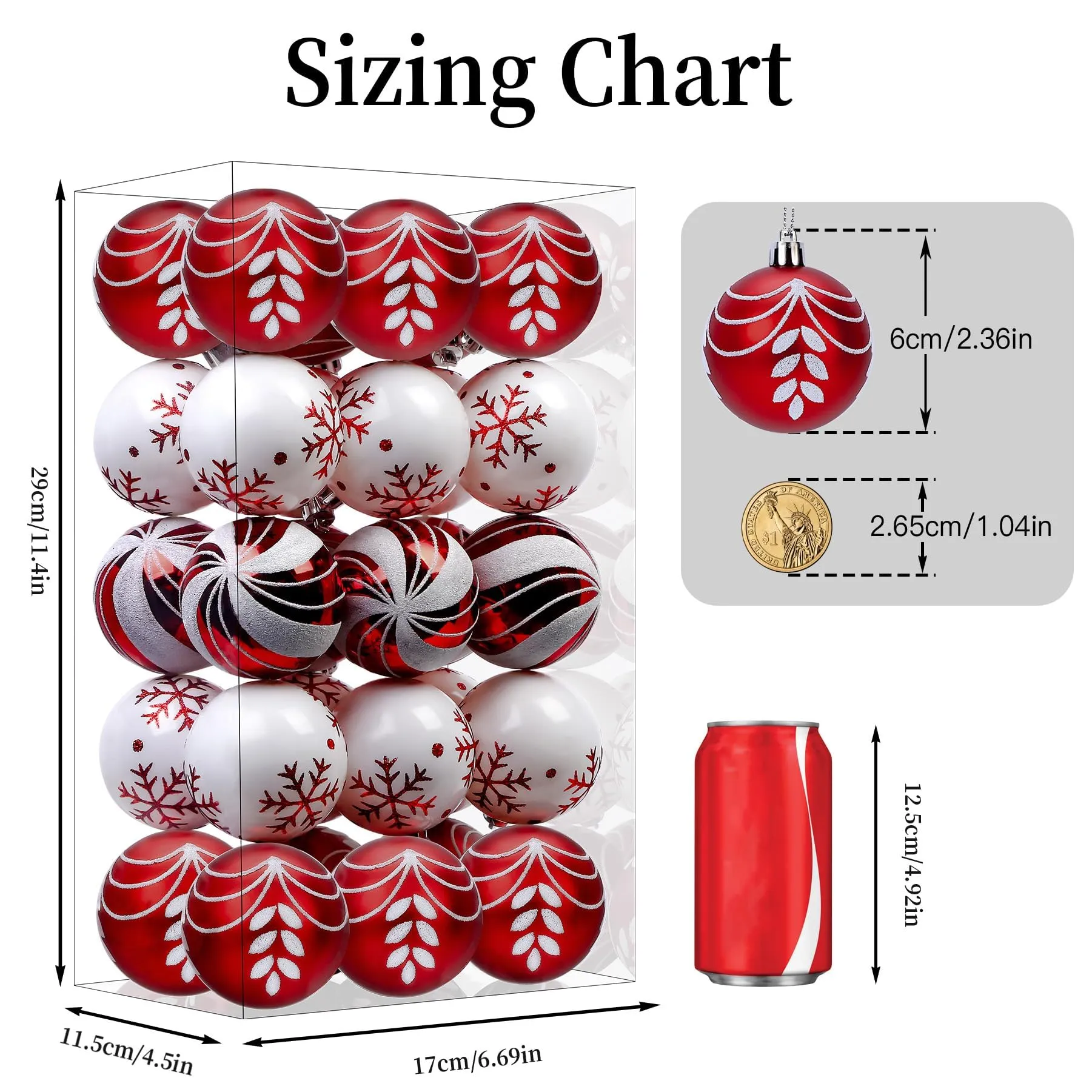 30ct 2.36 Inch (Red & white, 60mm) Christmas Tree Balls Ornaments