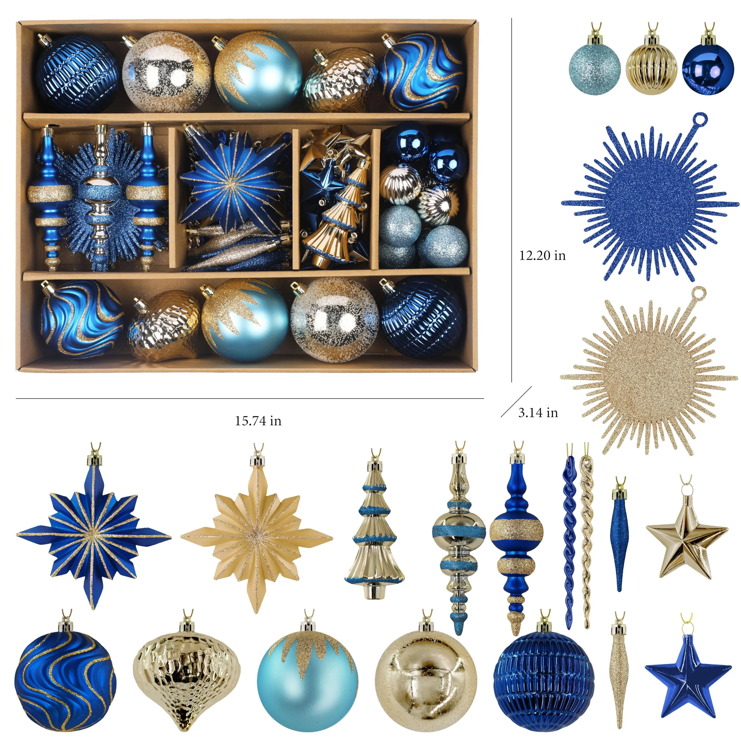 80pcs Blue and Gold Christmas Balls Ornaments Setwith Lanyards