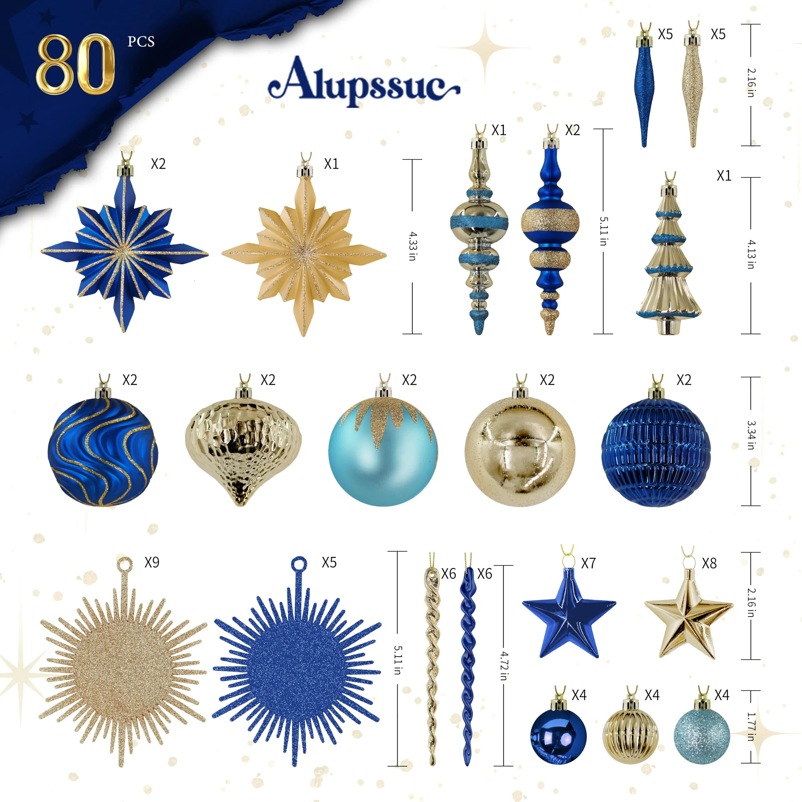 80pcs Blue and Gold Christmas Balls Ornaments Setwith Lanyards