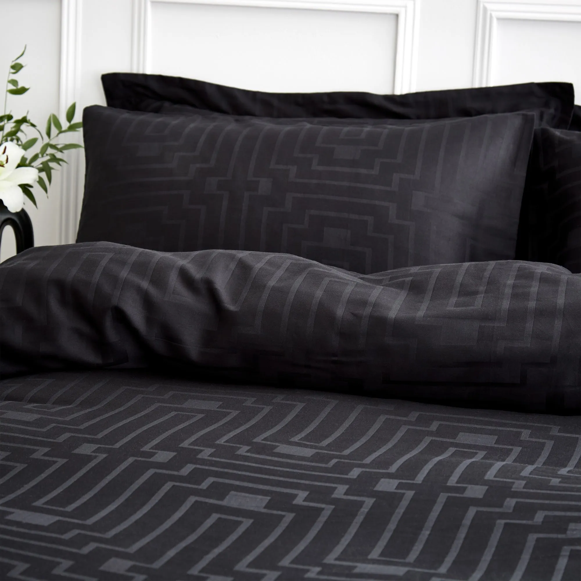 Bianca Black Satin Geo 100% Cotton Jacquard Duvet Set