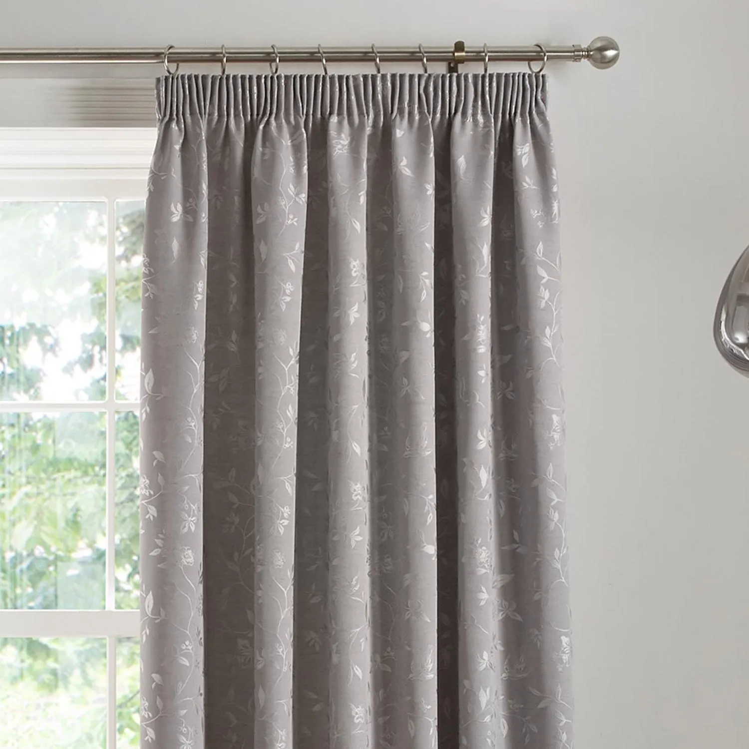 Bird Trail Grey Jacquard Pencil Pleat Curtains