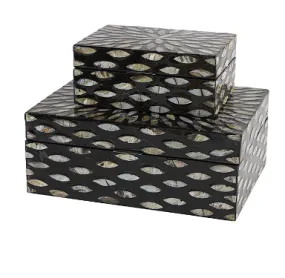 BLACK MOTHER OF PEARL GEOMETRIC FLORAL BOX WITH BEIGE ACCENTS