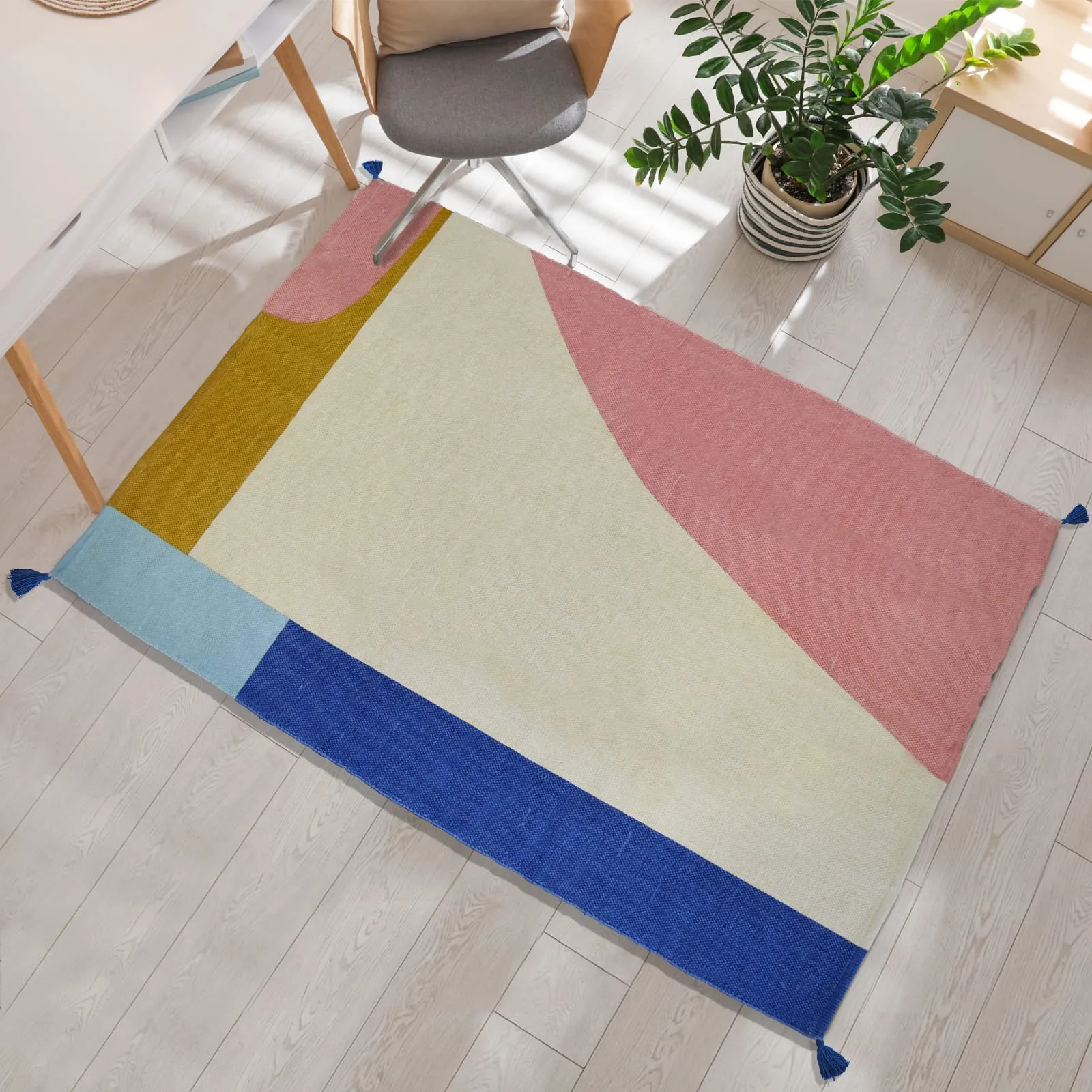 Boho Natural Cotton Area Rug/Dhurrie/Floor Carpet, Anti Skid Thick Printed Rugs for Living Room with Tassels - (CPRUGS_010)