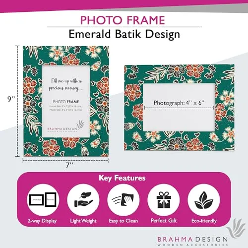 BRAHMA DESIGN Photo Frame with Gift Box | Size: 9" x 7" (Photo 4" x 6") | Emerald Batik | Aesthetic Decorative Photo Frame for Wall Mount and Tabletop