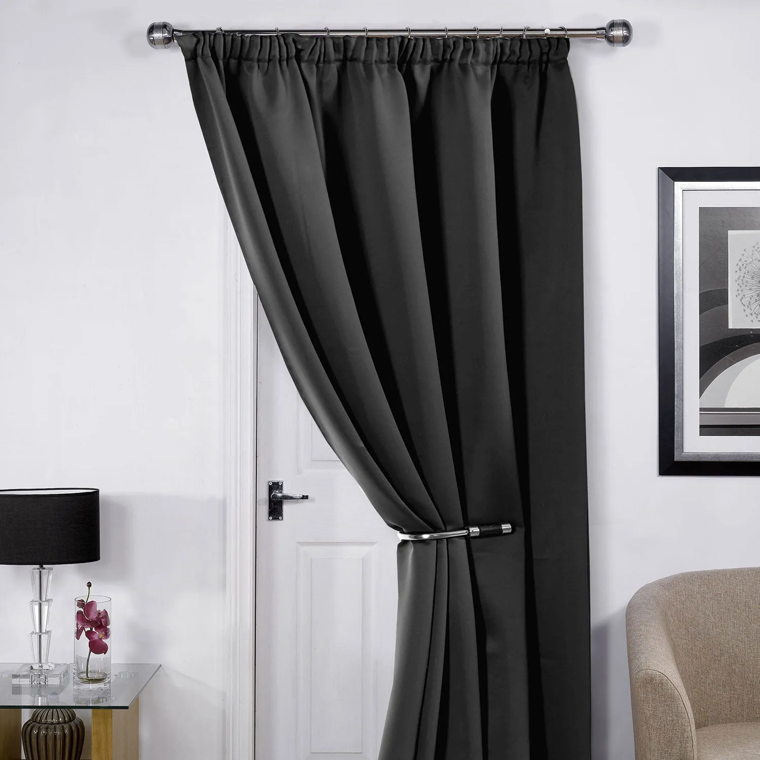 Cali Black Thermal Blackout Pencil Pleat Door Curtain