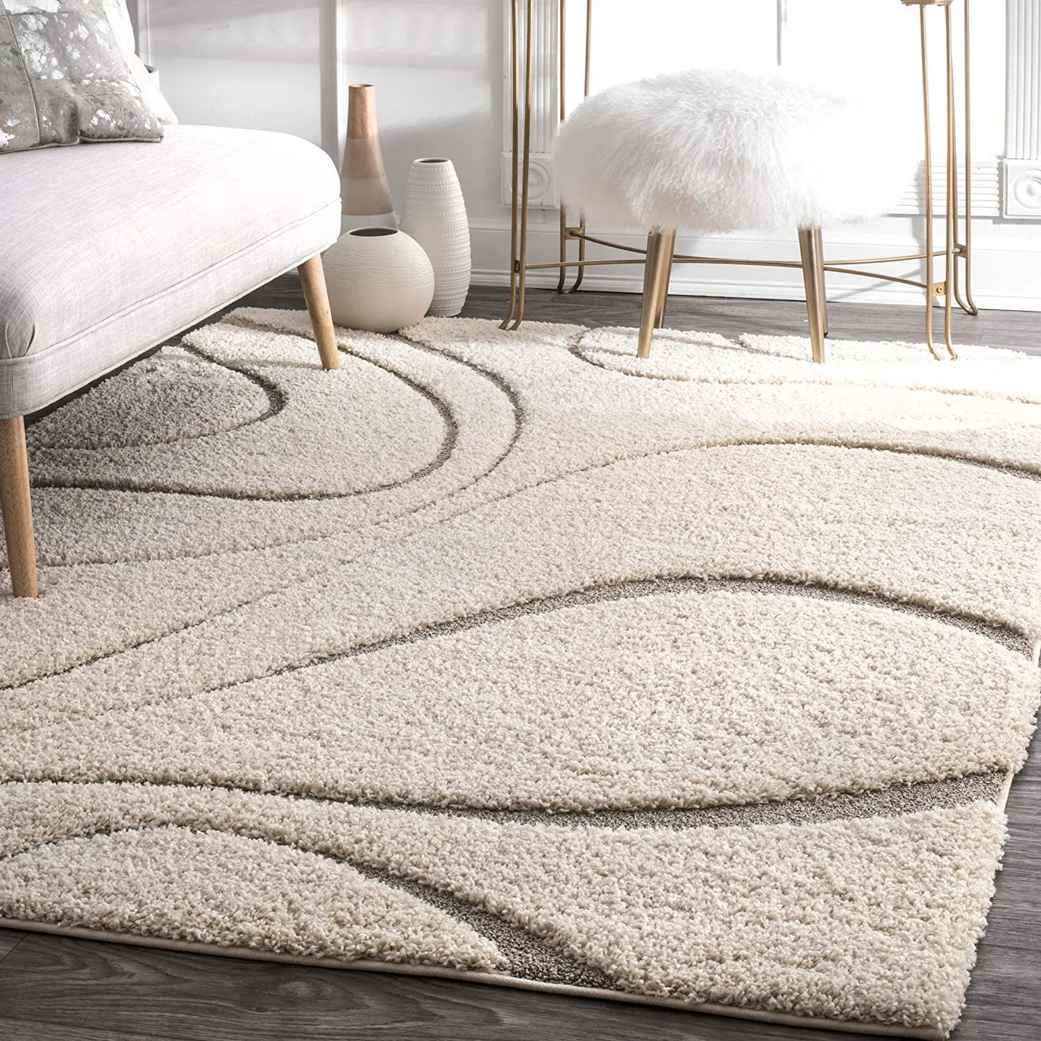 Carpets for Living Room Handwoven 3D Curved Pattern Shaggy Super Soft Fluffy and Anti Skid Rugs, Size 3X5 Feet Rectangular Colour, Ivory-Beige Modern