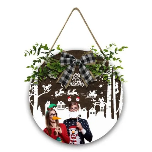 Custom Couple Photo Christmas Door Hanger Welcome Personalized Wood Circle Sign Round Welcome Sign Front Door Decor