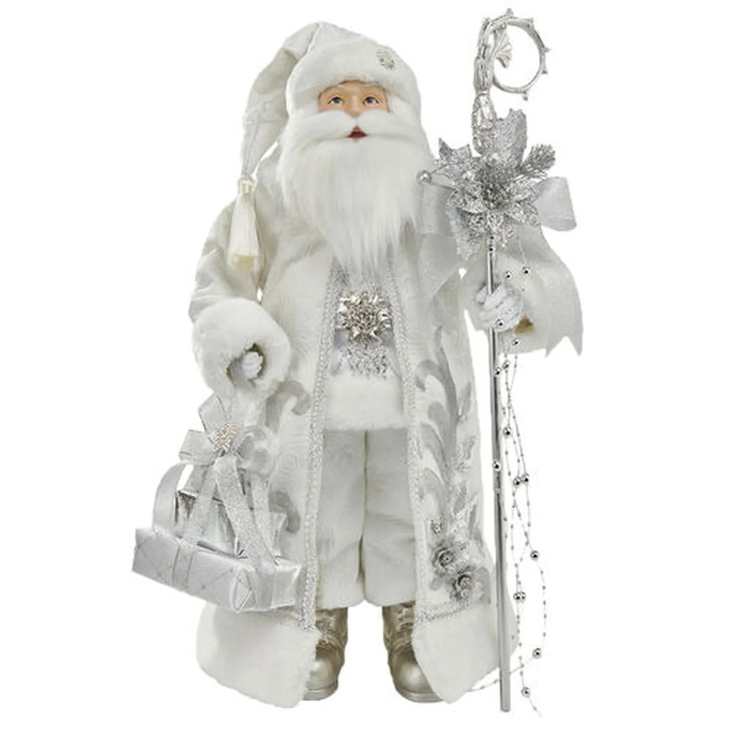 December Diamonds Santa & Friends 21" Silver Fabric Santa With Staff