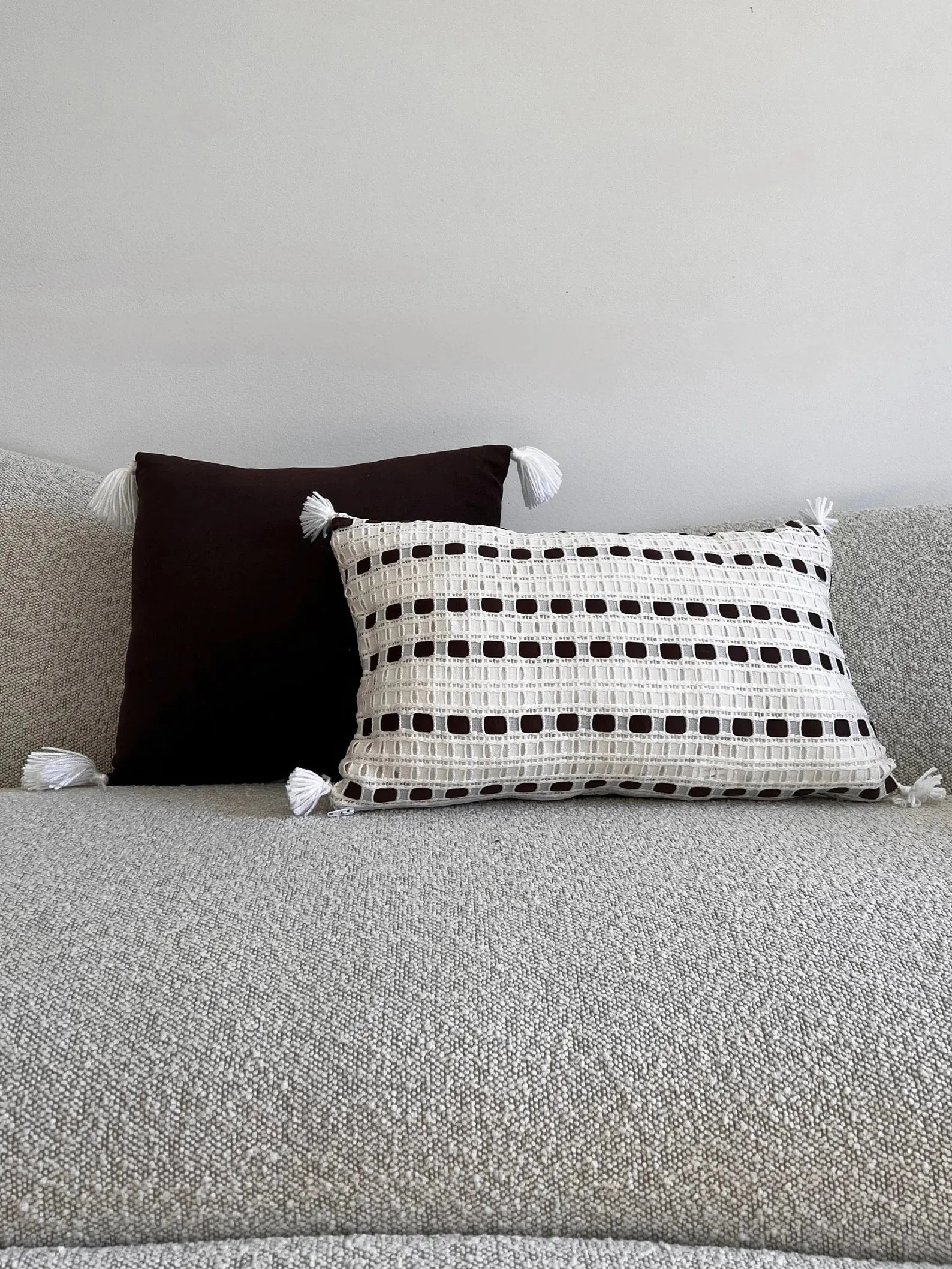 Elegant Handmade White & Dark Brown Tassel Lattice Cushion Set