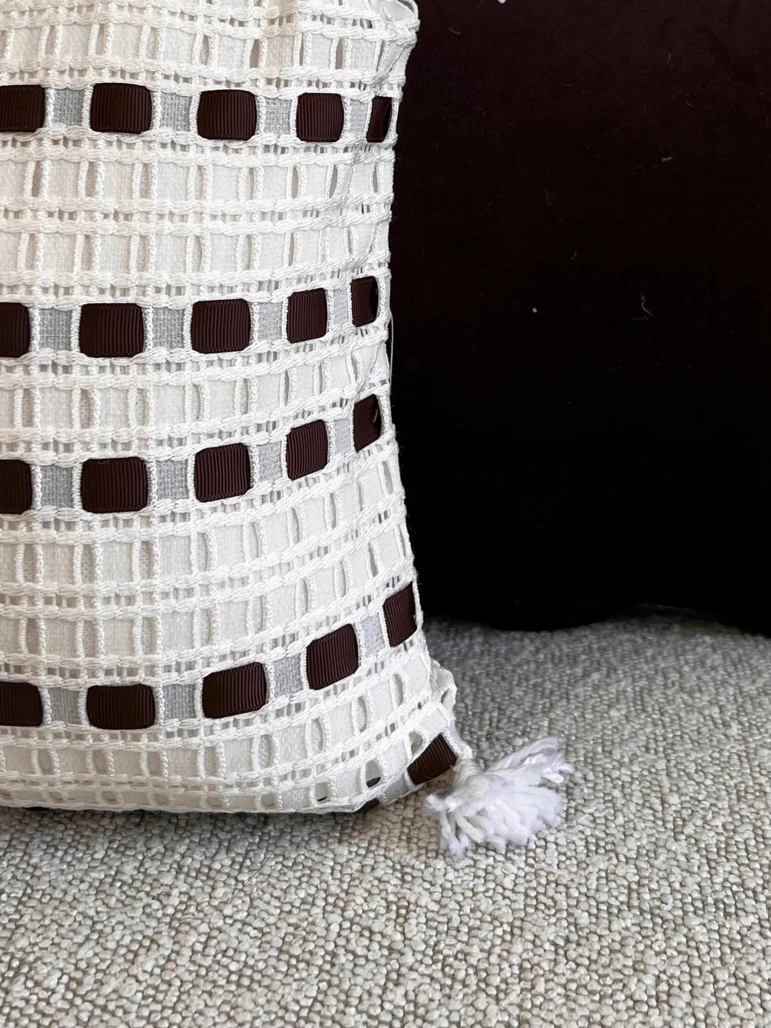 Elegant Handmade White & Dark Brown Tassel Lattice Cushion Set