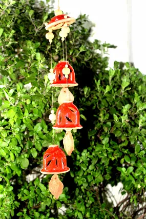 ESVAR STONECRAFT Present A Terracotta Ceramic Coated Red Wind Chimes with (Three Bells) of Cap Design Handmade Craft with Melodious Sound Bells.( Size :- 36 cm Long )