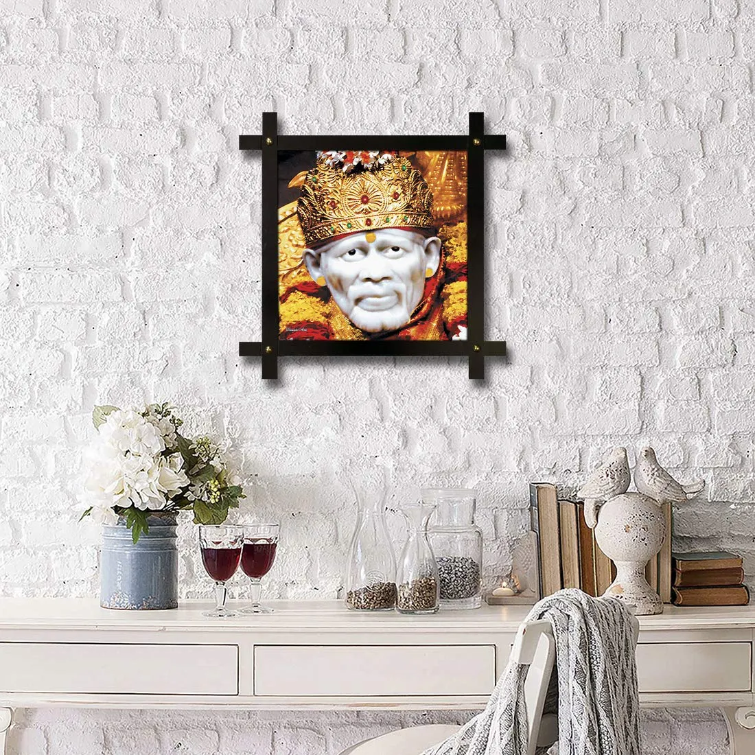 Generic Poster N Frames Cross Wooden Frame Hand-Crafted with Photo of Sai Baba Size (16.5x16.5inch,Wood,Multicolour), Medium