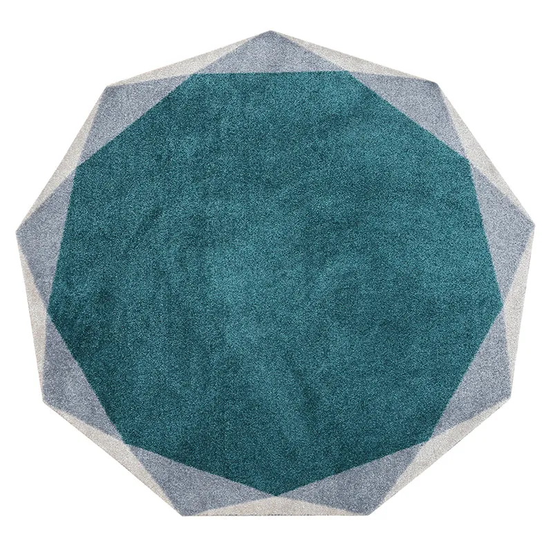 Geometric Round Teal and Grey Rug