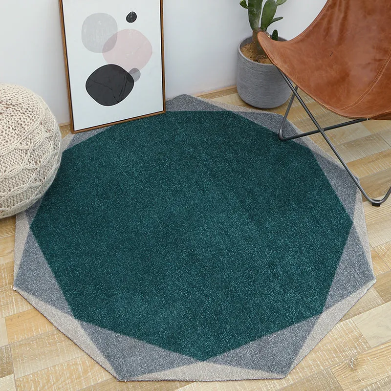 Geometric Round Teal and Grey Rug