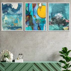 Painting Mantra Set of 3 Canvas Painting Blue Nature Theme (Size - 17 x 13 Inch each,Total Dimensions: 17 x 41 Inch, Color - Blue)