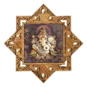 PnF Star shaped Wooden Frame with Photo of Lord Ganesha (16.5x16.5inch,Multicolour,Wood)