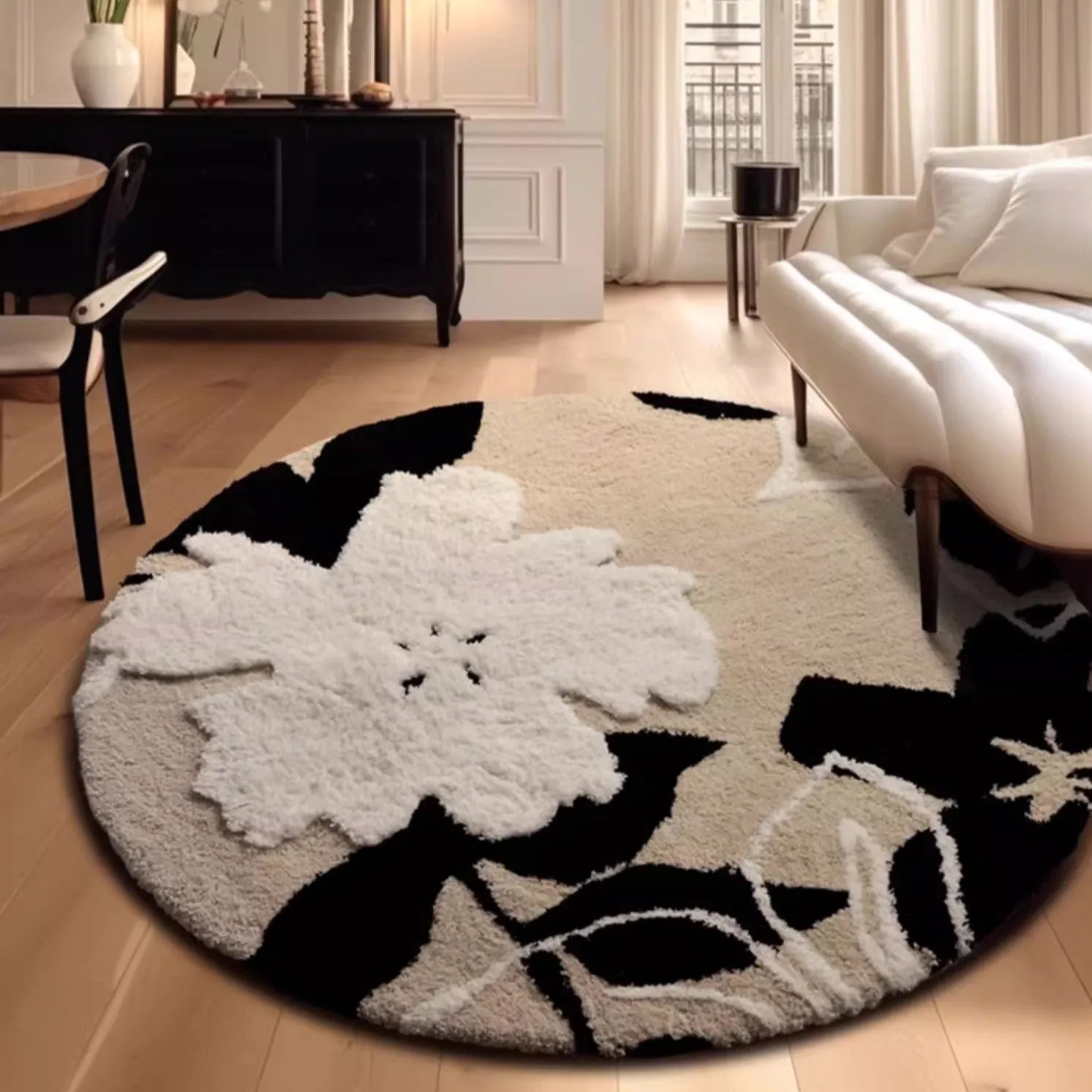 Textured Floral Round Rug